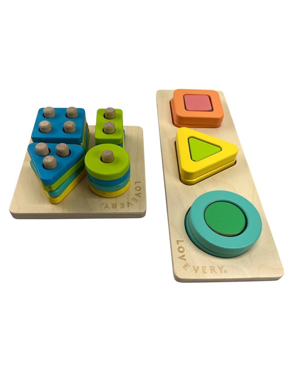 Lovevery Lot of 2 Puzzles Geo Shapes and Sort & Stack Peg Puzzle Montessori Toys